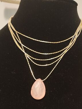 Gold Multi-Layer Necklace with Pink Teardrop Pendant